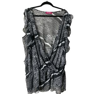 Penningtons Top Black White sleeveless sheer tunic layer surplice ruffles 2X